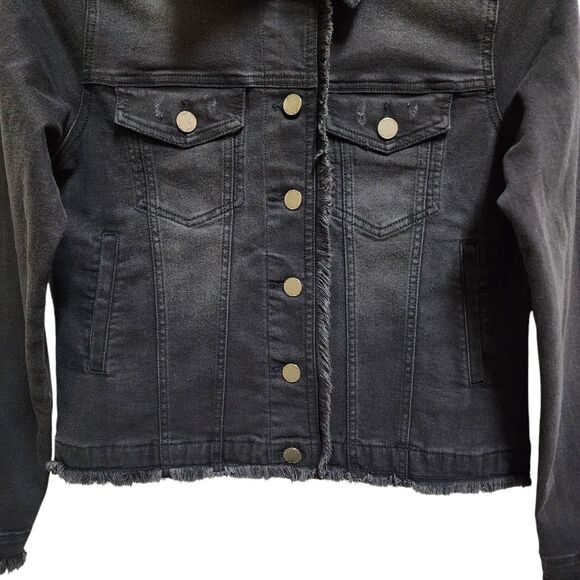 APNY Denim Jacket Women S Black Cotton Blend Graffiti Frayed Button Distressed - Picture 8 of 15